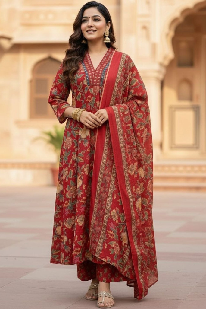 Red Cotton Three Piece Flared Suit Set