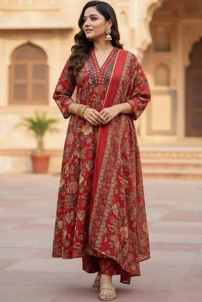 Red Cotton Three Piece Flared Suit Set