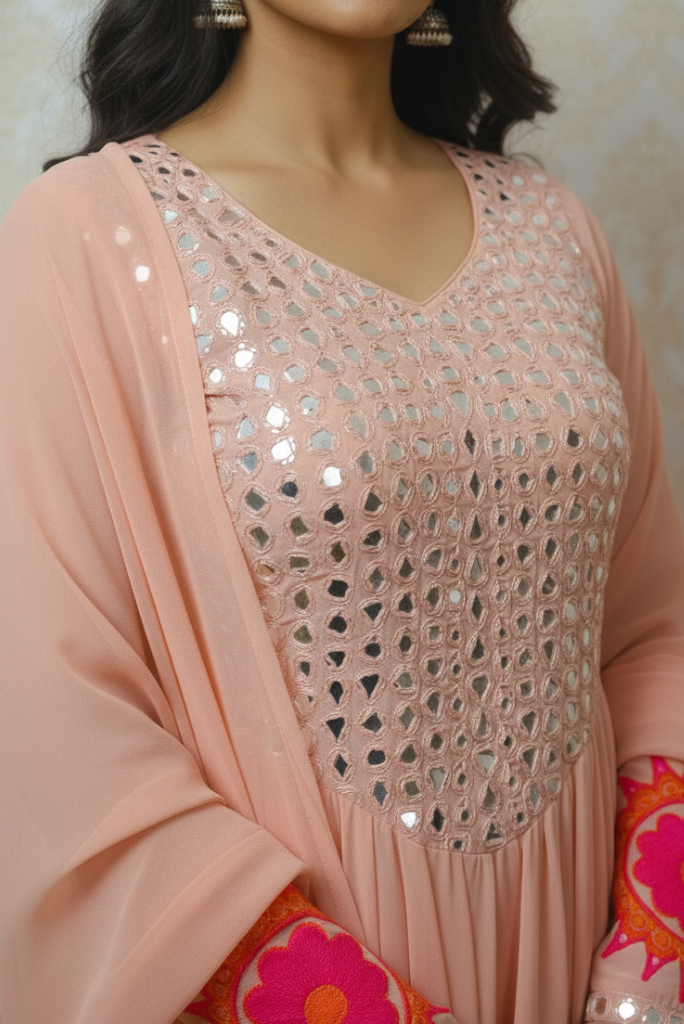 Festive Georgette Pink Embroidered Dress with Mirror Work