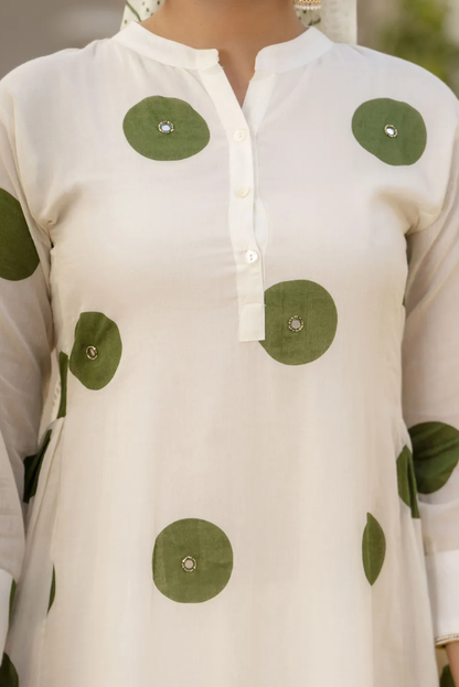 White Polka Dots Print Mirror Work Flared Salwar Suit Set