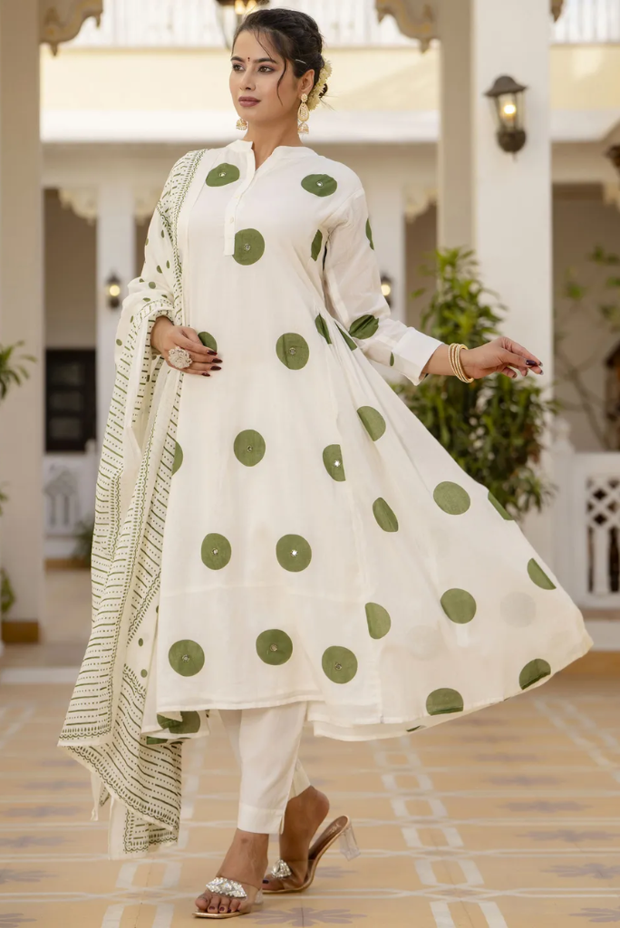 White Polka Dots Print Mirror Work Flared Salwar Suit Set