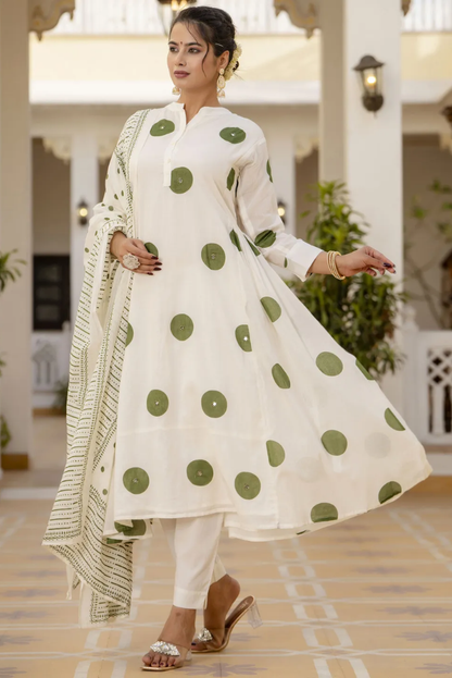 White Polka Dots Print Mirror Work Flared Salwar Suit Set