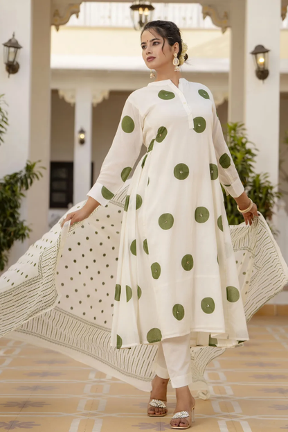 White Polka Dots Print Mirror Work Flared Salwar Suit Set