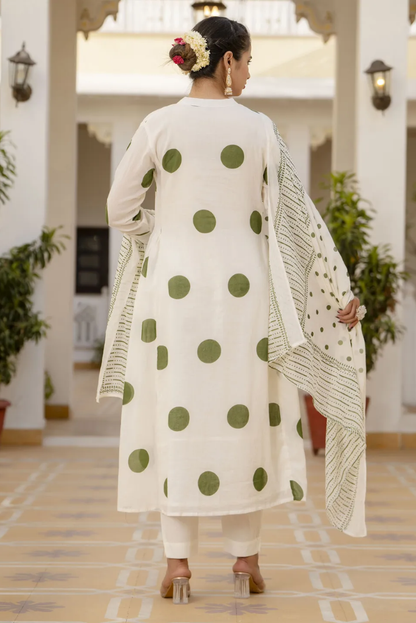 White Polka Dots Print Mirror Work Flared Salwar Suit Set