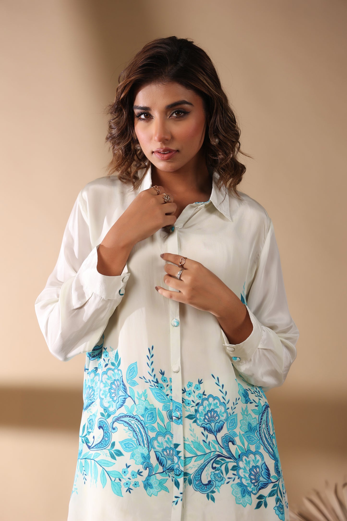 Natural Pure Crepe Placement Print White Coord Set