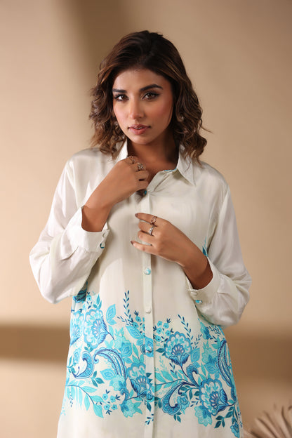 Natural Pure Crepe Placement Print White Coord Set