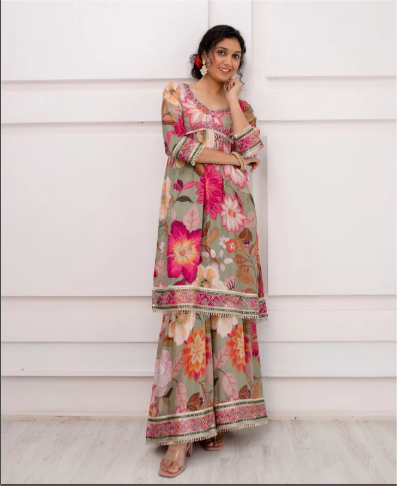 Muslin Floral Print Embroidered Sharara Set