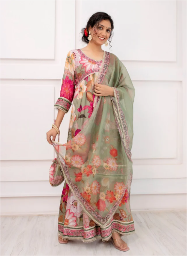 Muslin Floral Print Embroidered Sharara Set