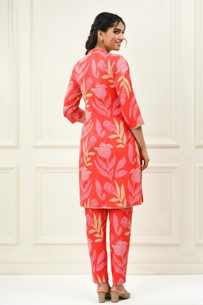 Cotton Printed Floral Red Kurta Set