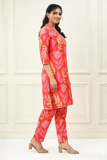 Cotton Printed Floral Red Kurta Set