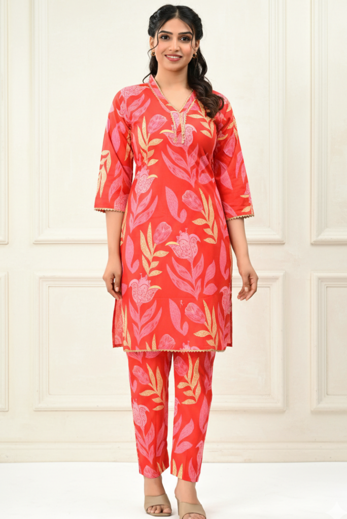 Cotton Printed Floral Red Kurta Set