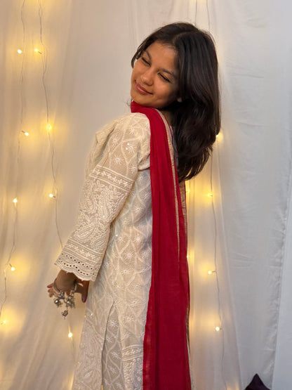 Kora White Three Piece Set with Red Dupatta
