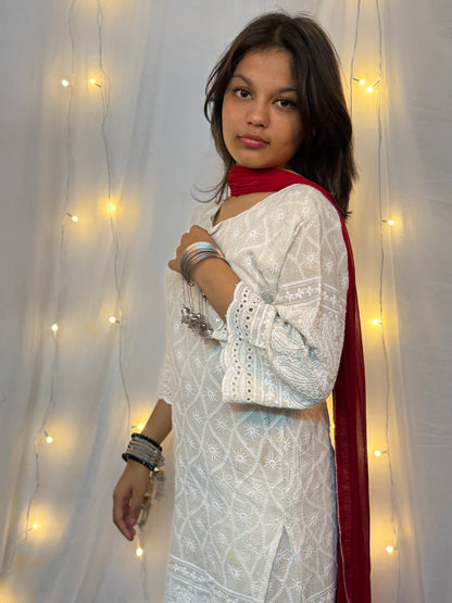 Kora White Three Piece Set with Red Dupatta