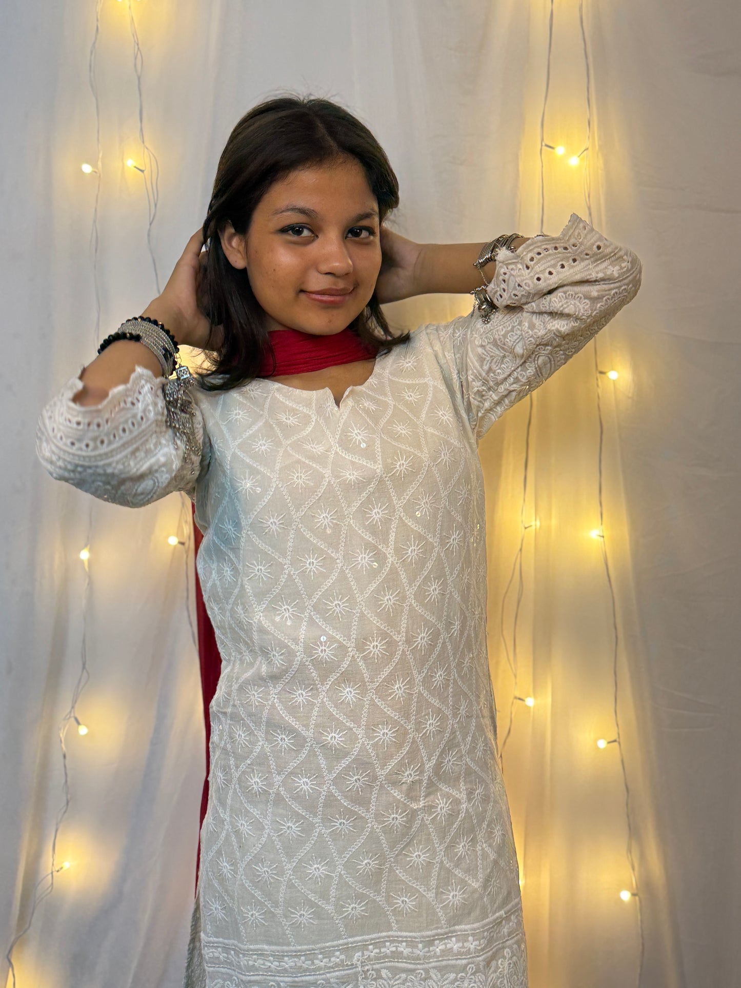 Kora White Three Piece Set with Red Dupatta