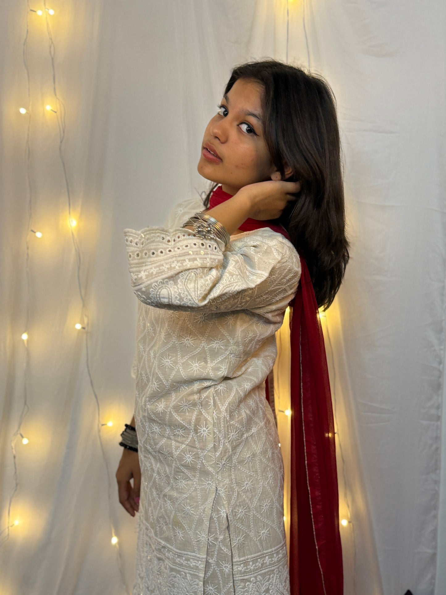 Kora White Three Piece Set with Red Dupatta