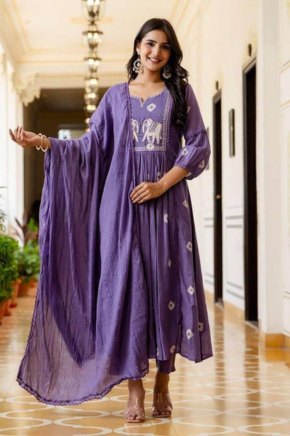 Cotton Purple Flared Kurta Set with Ajrakh Embroidery