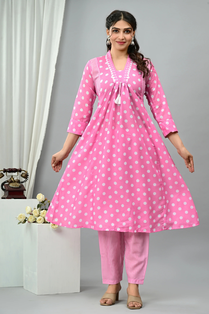 Polka Dot Print Mul Cotton Flared Salwar Suit