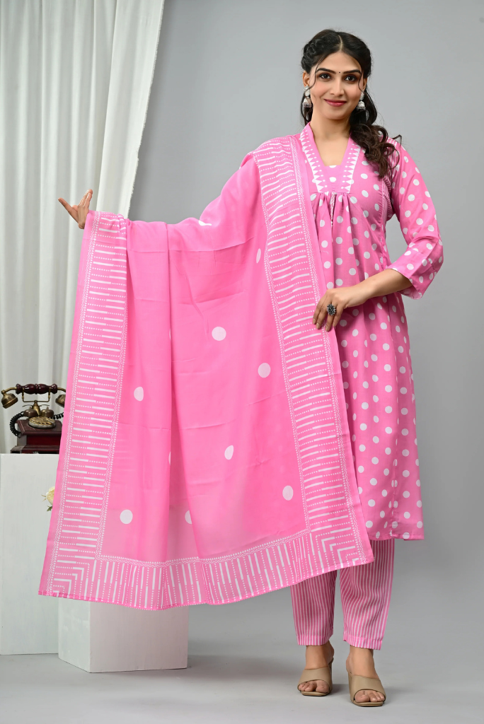 Polka Dot Print Mul Cotton Flared Salwar Suit
