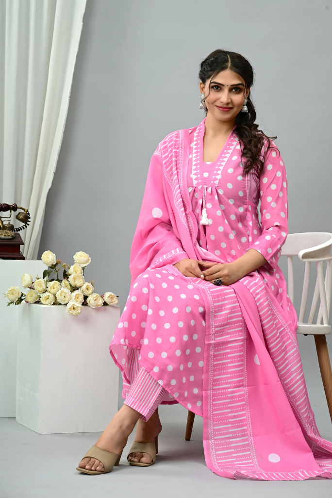 Polka Dot Print Mul Cotton Flared Salwar Suit