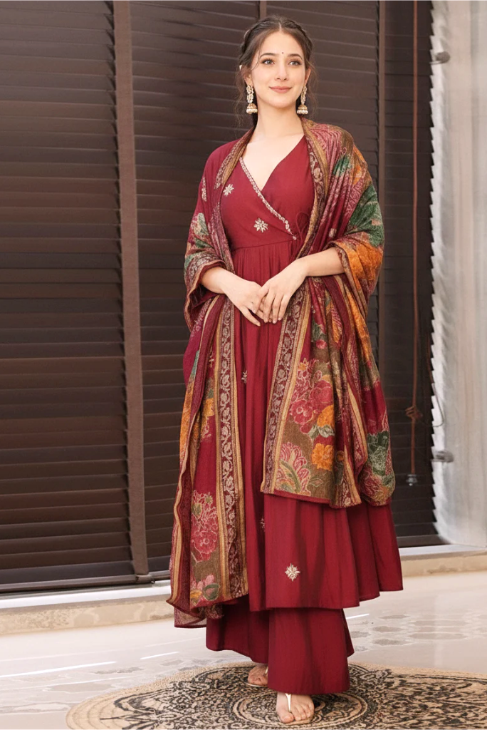 Maroon Embroidered Silk Crepe Festive Anarkali Set