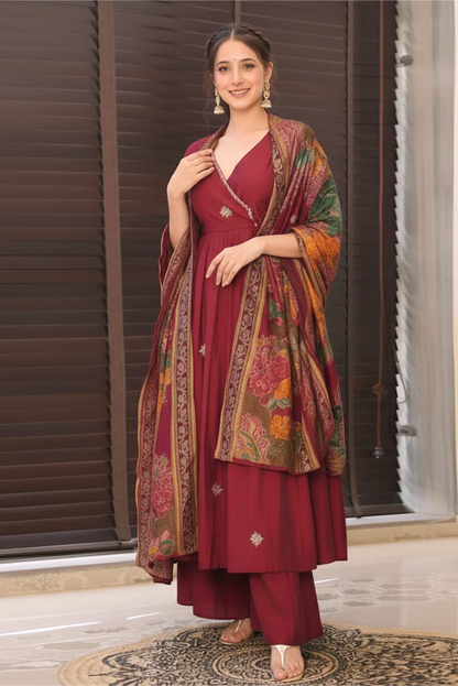 Maroon Embroidered Silk Crepe Festive Anarkali Set