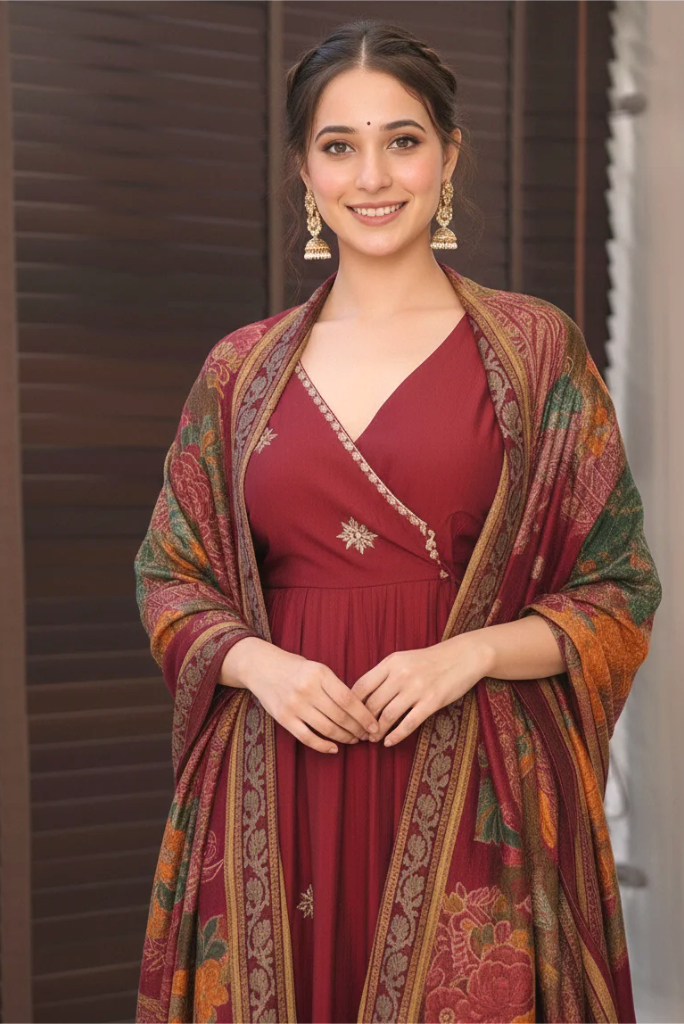 Maroon Embroidered Silk Crepe Festive Anarkali Set