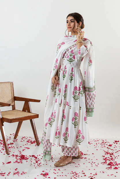 Double Choli Block Print Cotton Anarkali Set (only XL)