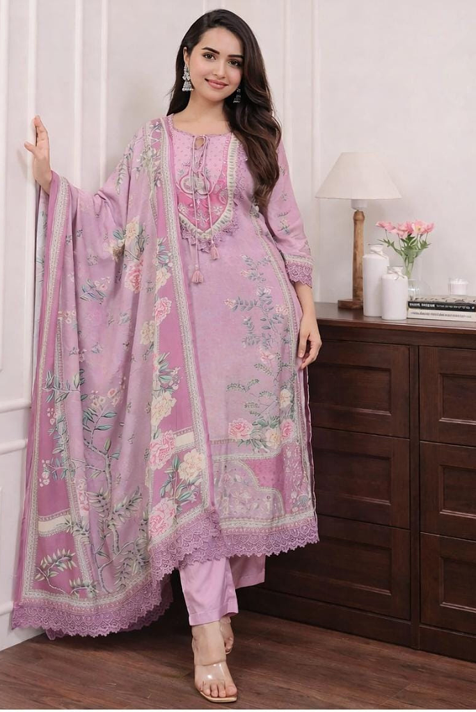 Lavender Pink Viscose Crepe Three-Piece Kurti Set