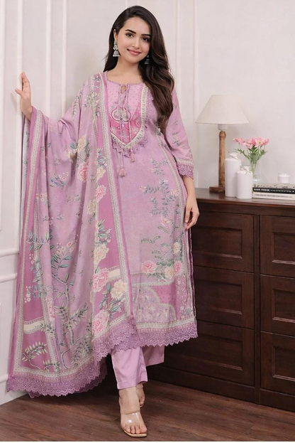 Lavender Pink Viscose Crepe Three-Piece Kurti Set