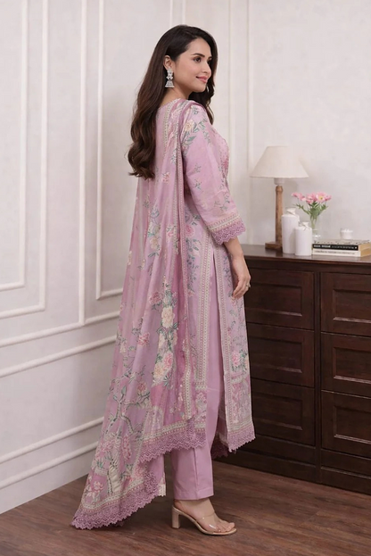 Lavender Pink Viscose Crepe Three-Piece Kurti Set