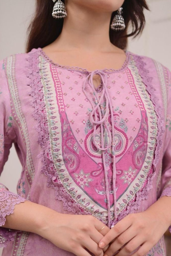 Lavender Pink Viscose Crepe Three-Piece Kurti Set