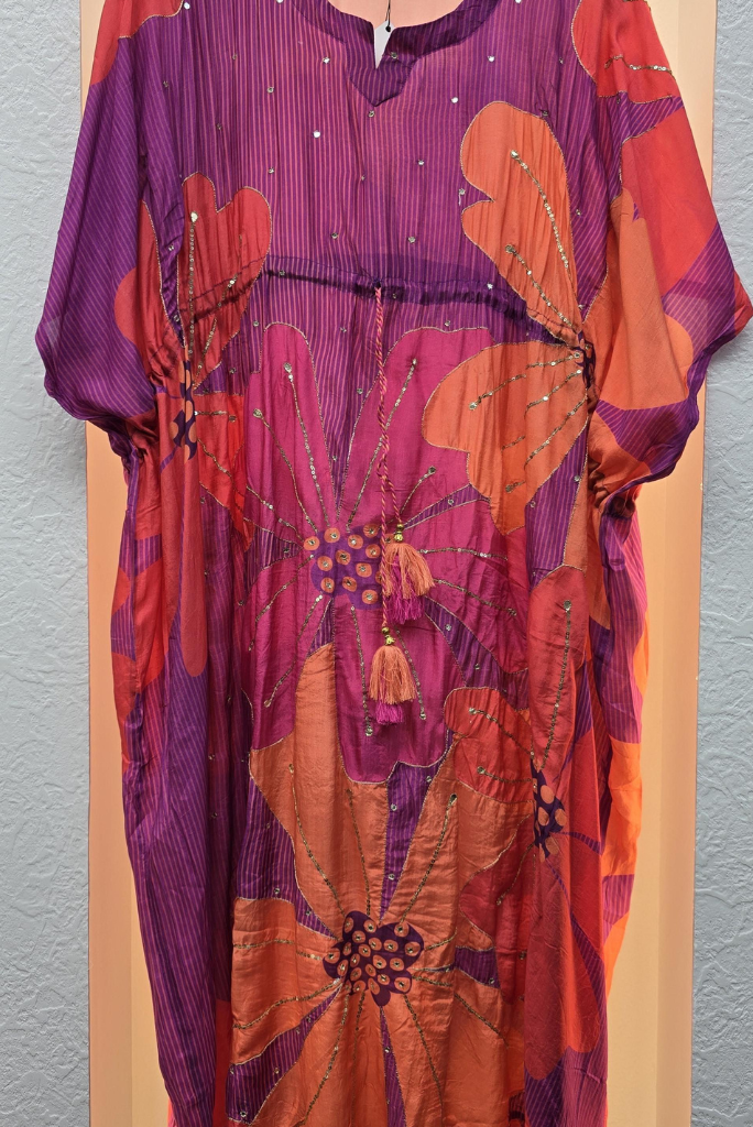 Floral Printed Kaftan Dress with Waist Tie | Sequence Handwork Two Piece Dress