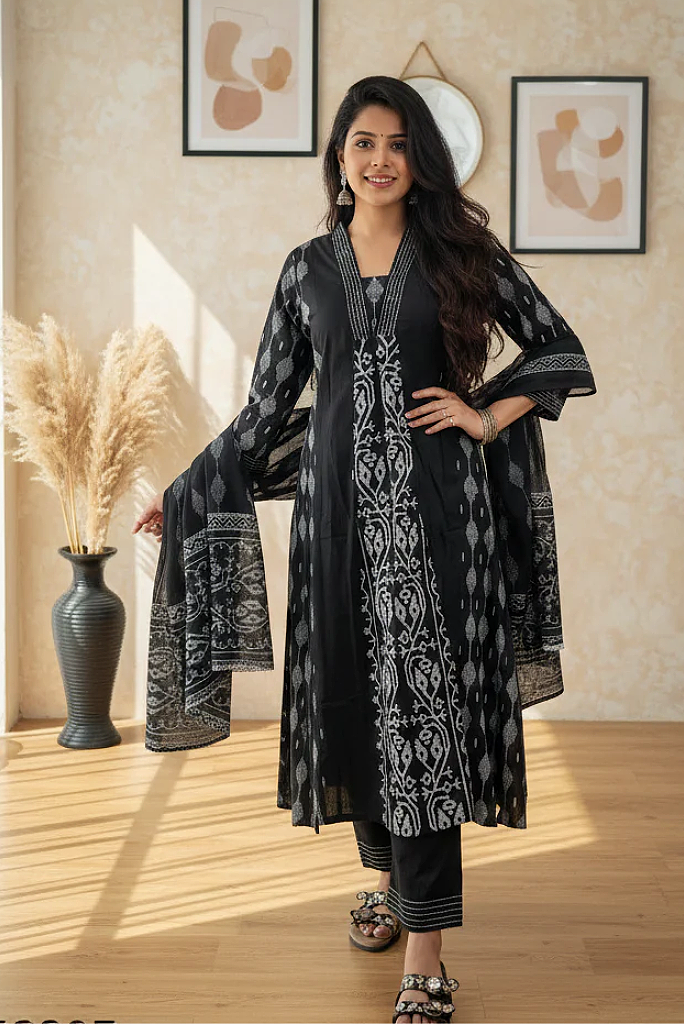 PLUS SIZE Designer Black Printed Cotton Flared Dress