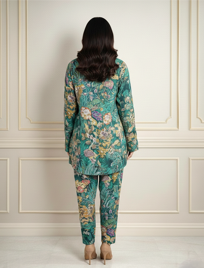 Muslin Sea Green Floral Printed Coord Set with Handwork