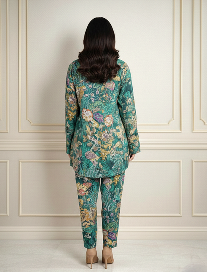 Muslin Sea Green Floral Printed Coord Set with Handwork