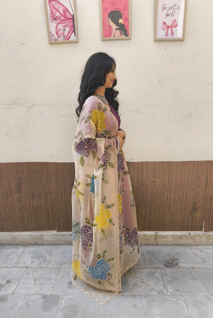 Moksha Silk Plum Anarkali Set with Handpainted Dupatta