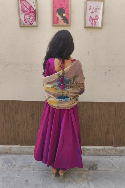 Moksha Silk Plum Anarkali Set with Handpainted Dupatta