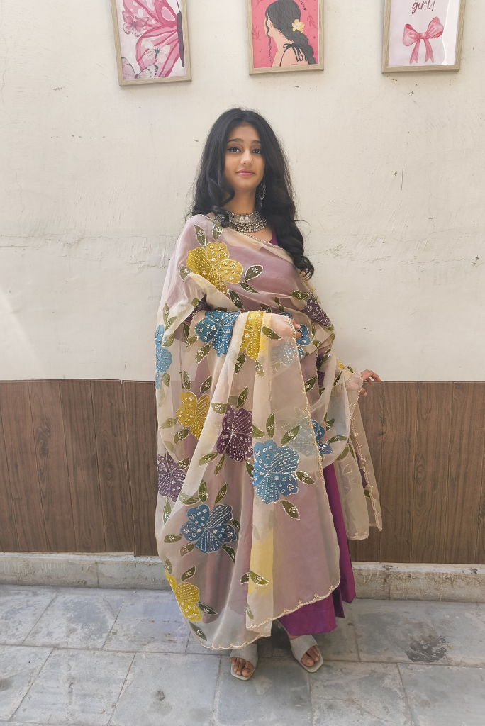 Moksha Silk Plum Anarkali Set with Handpainted Dupatta