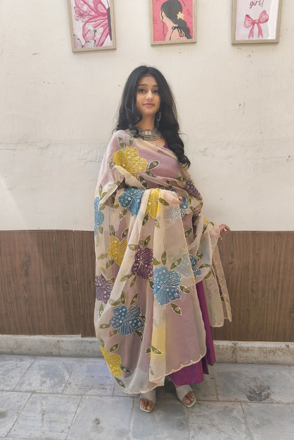 Moksha Silk Plum Anarkali Set with Handpainted Dupatta