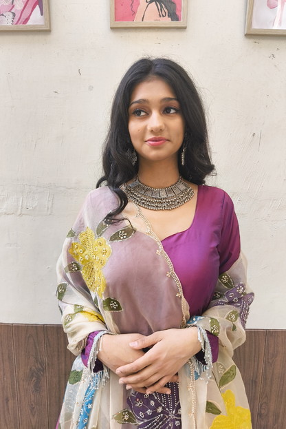Moksha Silk Plum Anarkali Set with Handpainted Dupatta