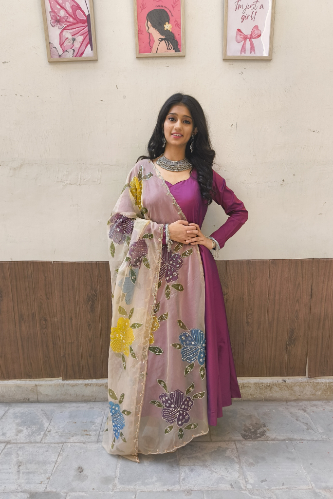 Moksha Silk Plum Anarkali Set with Handpainted Dupatta
