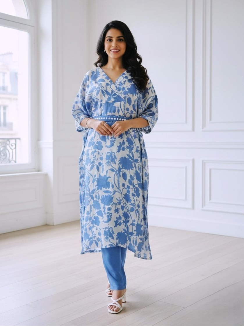 Blue Floral Print Kaftan Set with Belt and Straight Pants