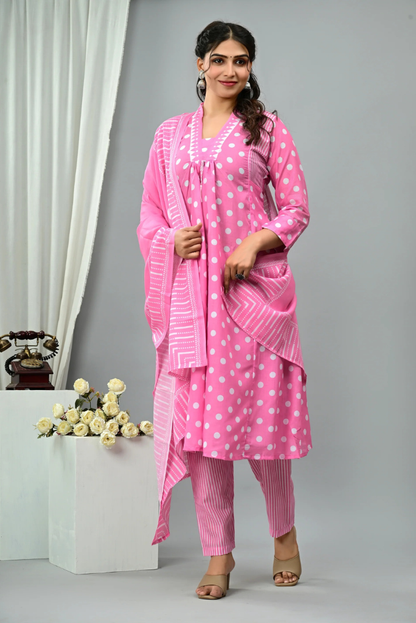 Polka Dot Print Mul Cotton Flared Salwar Suit