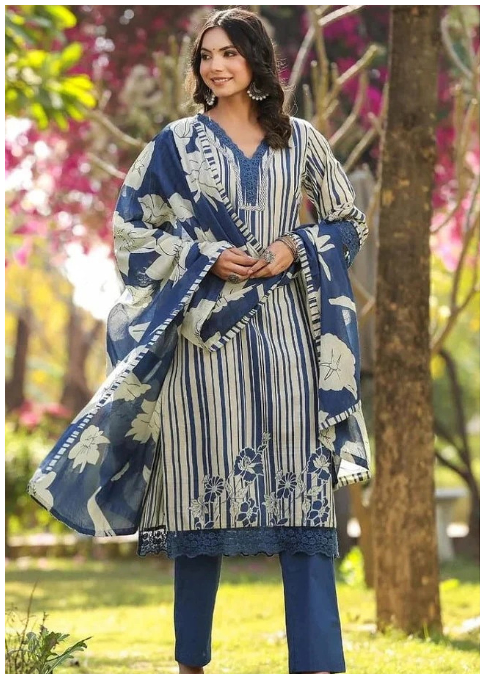 Cotton Floral Suit with Organza Embroidery Lacework