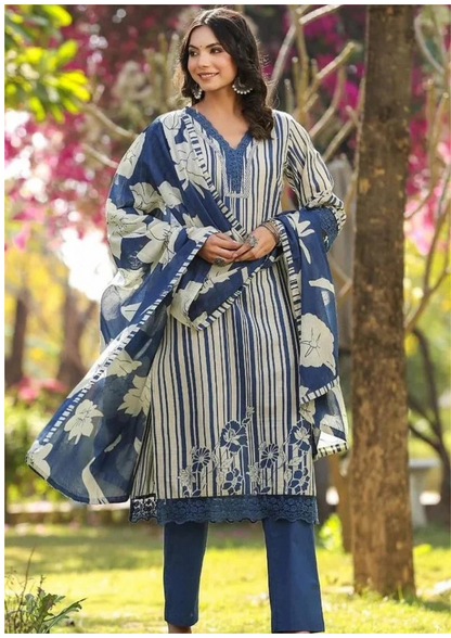 Cotton Floral Suit with Organza Embroidery Lacework