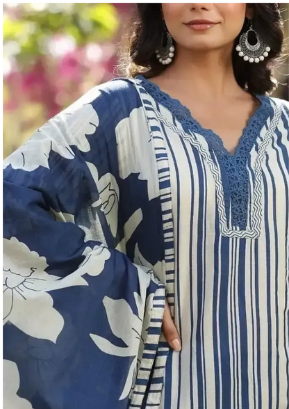 Cotton Floral Suit with Organza Embroidery Lacework