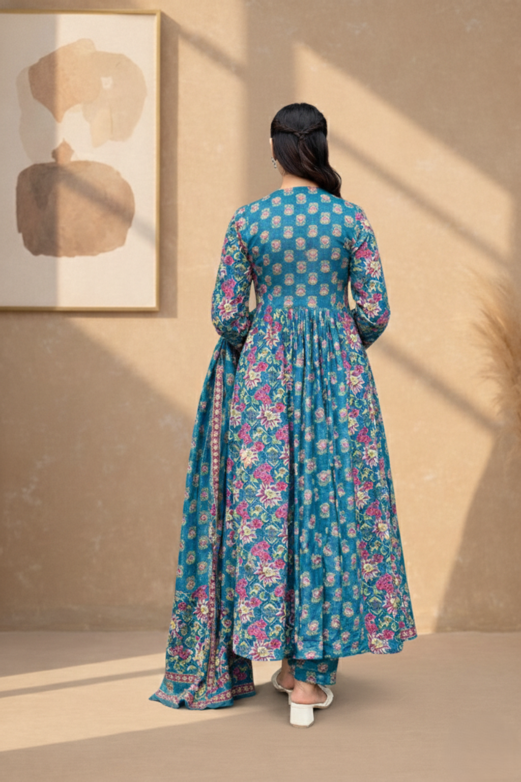 Flared Blue Floral Print Cotton Salwar Suit