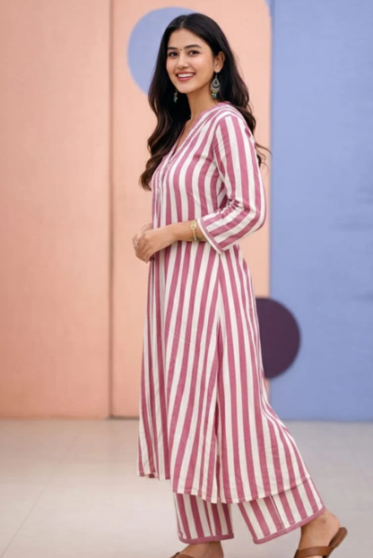 Plum Pink Cotton Striped Kurta Set