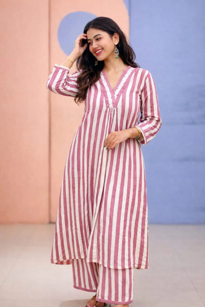Plum Pink Cotton Striped Kurta Set