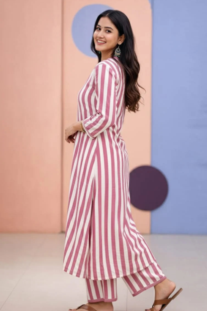 Plum Pink Cotton Striped Kurta Set